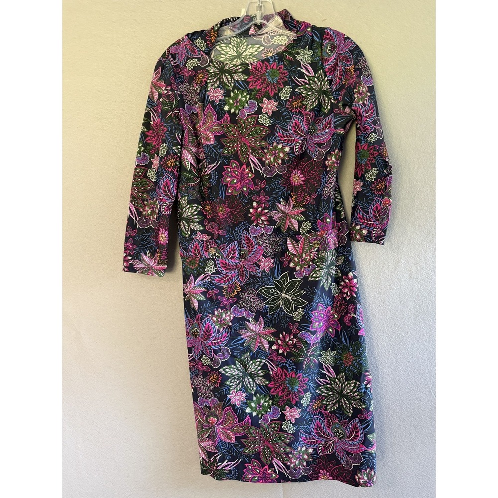 Jude Connally Dress Womens S Navy Multicolor Floral 3/4 Sleeve Shift Pockets